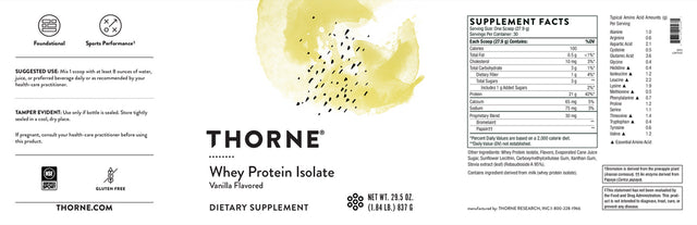 Thorne Whey Protein Isolate Vanilla – 30 Servings