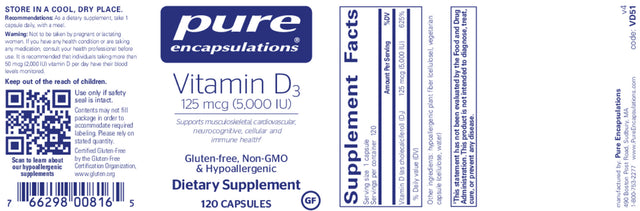 Pure Encapsulations Vitamin D3 125 mcg (5,000 IU) Daily Wellness Support (120 Capsules)